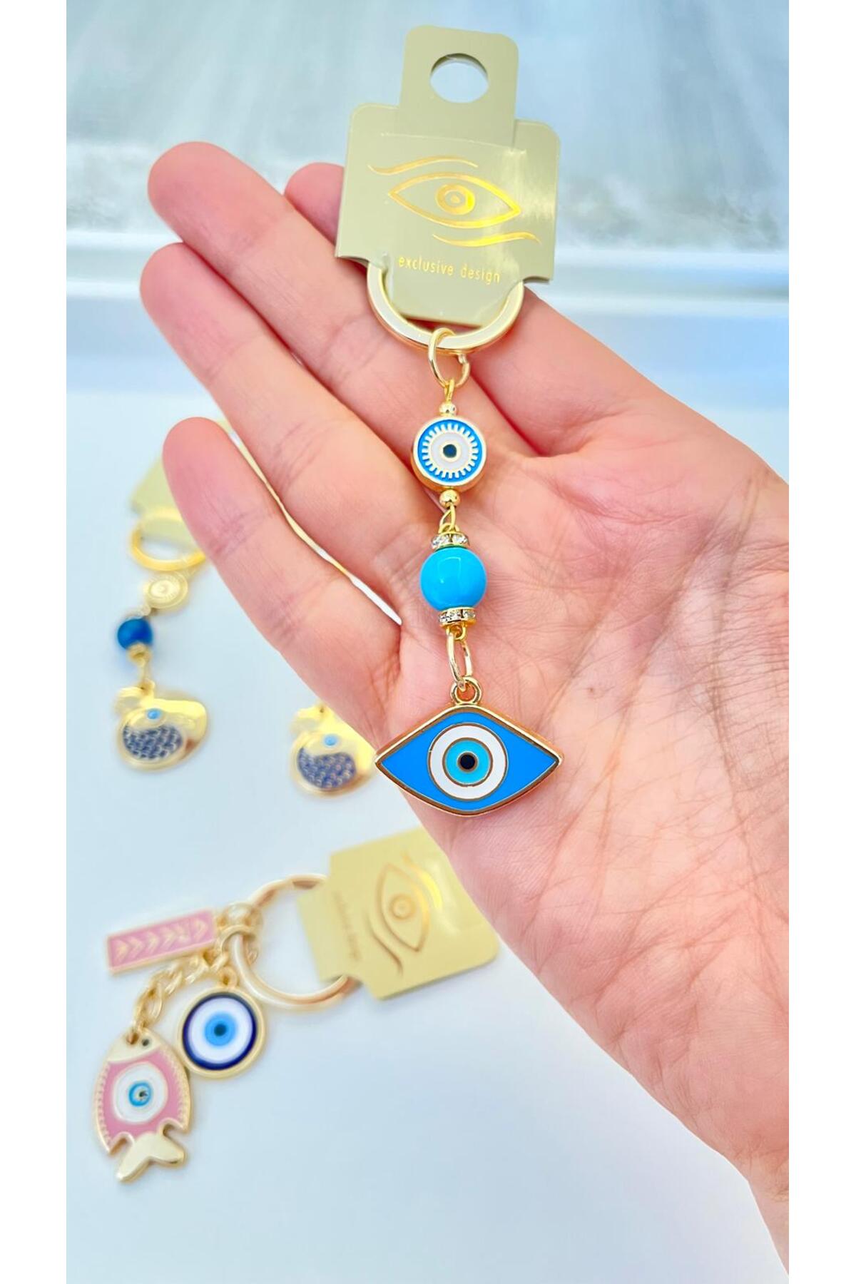 Hannah Gold-Plated Bodrum Bead Keychain - Blue Oval Evil Eye