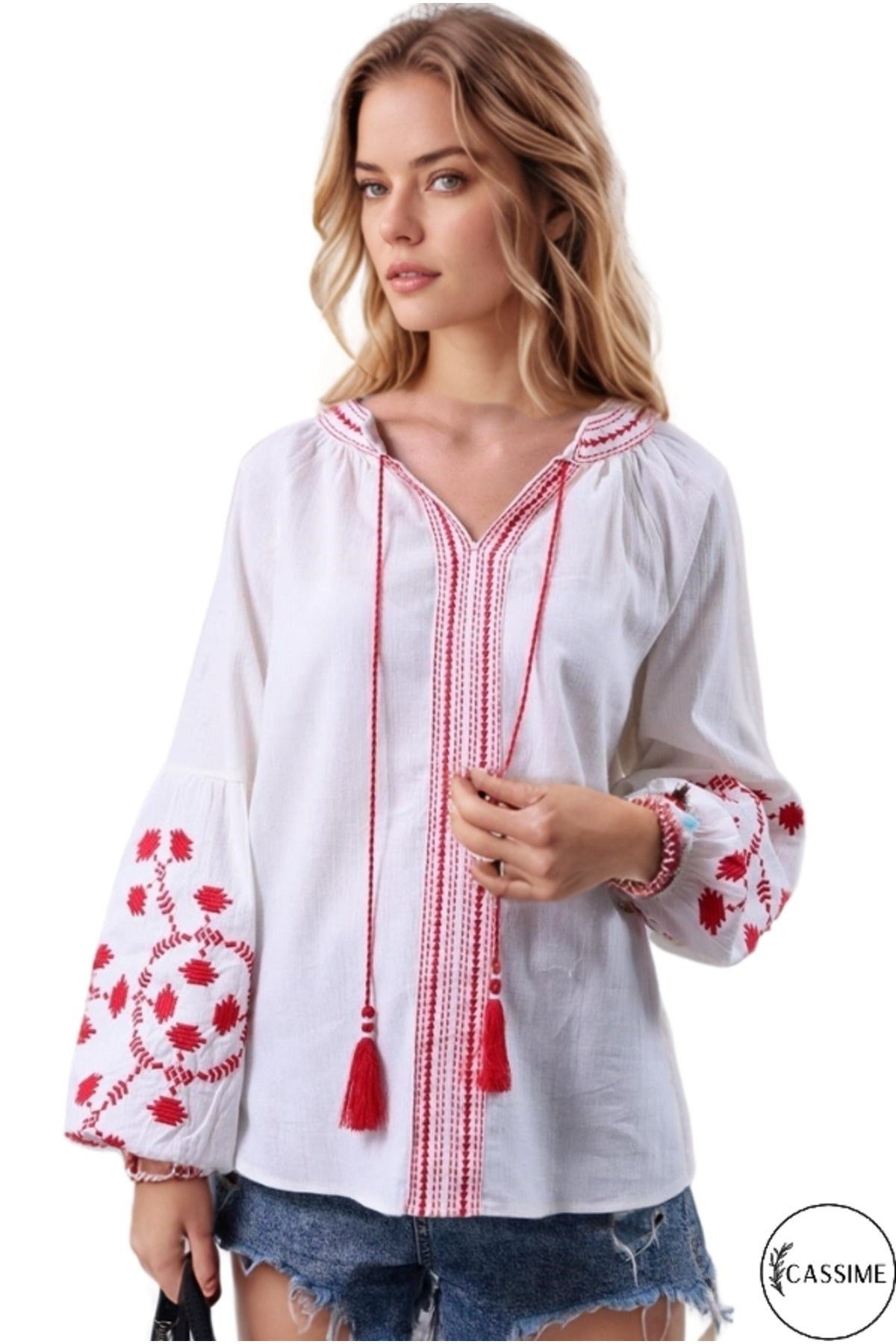 Tabitha Women's Cotton Blend Boho Embroidered Tassel Blouse - Off-White with Red Embroidery