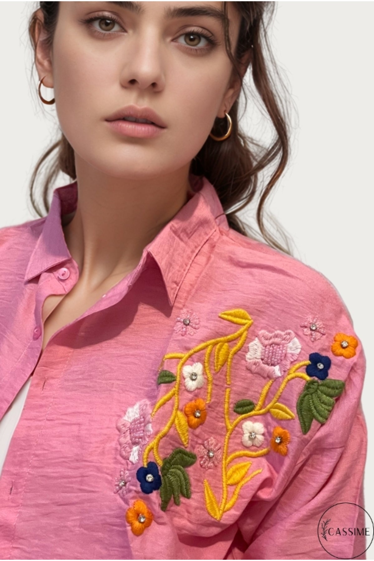 Claire Women's Floral Embellished Button-Up Shirt - Candy Pink Floral Embroidery