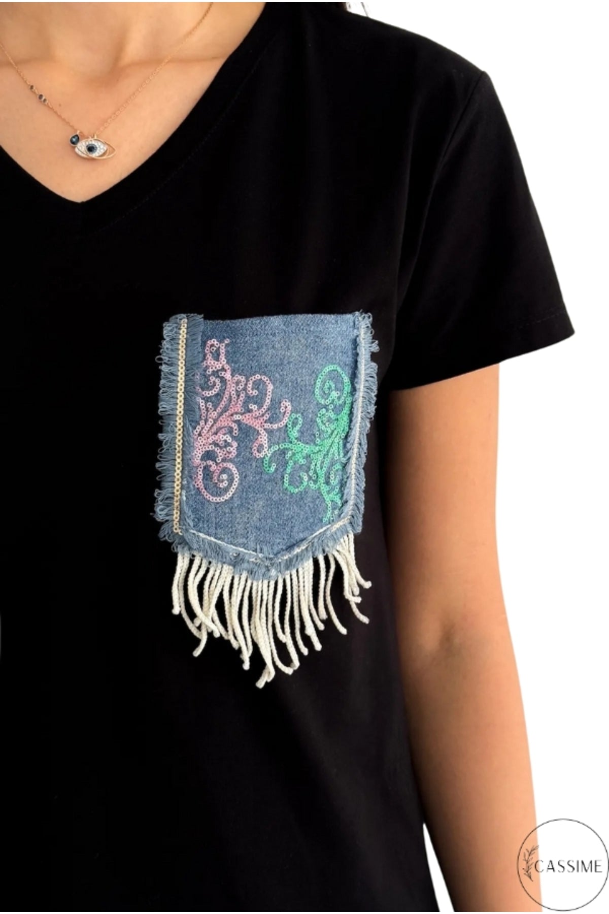 Olivia Women's Cotton Plus Size Embellished V-Neck T-Shirt - Black with Denim Pocket
