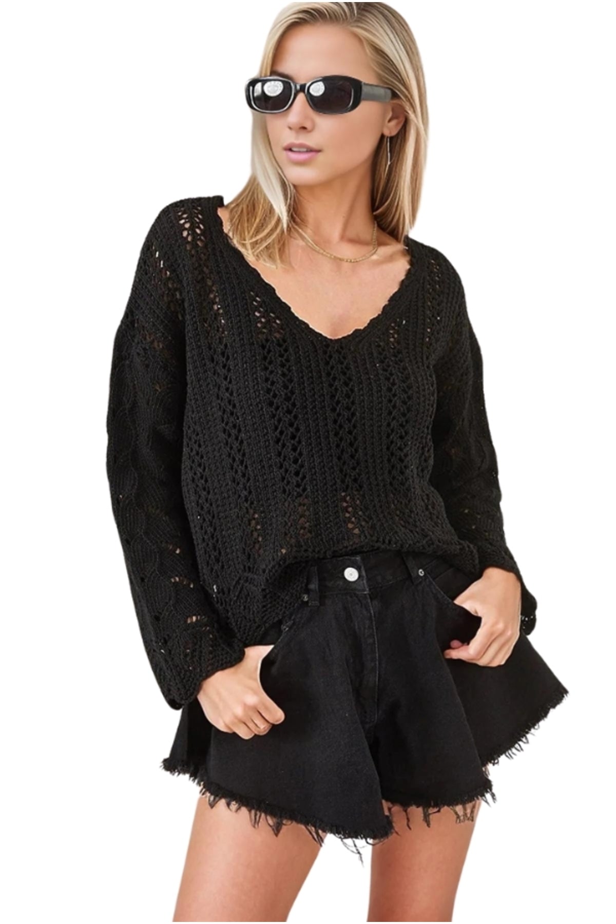 Helena Women's Openwork Knit Blouse - Black