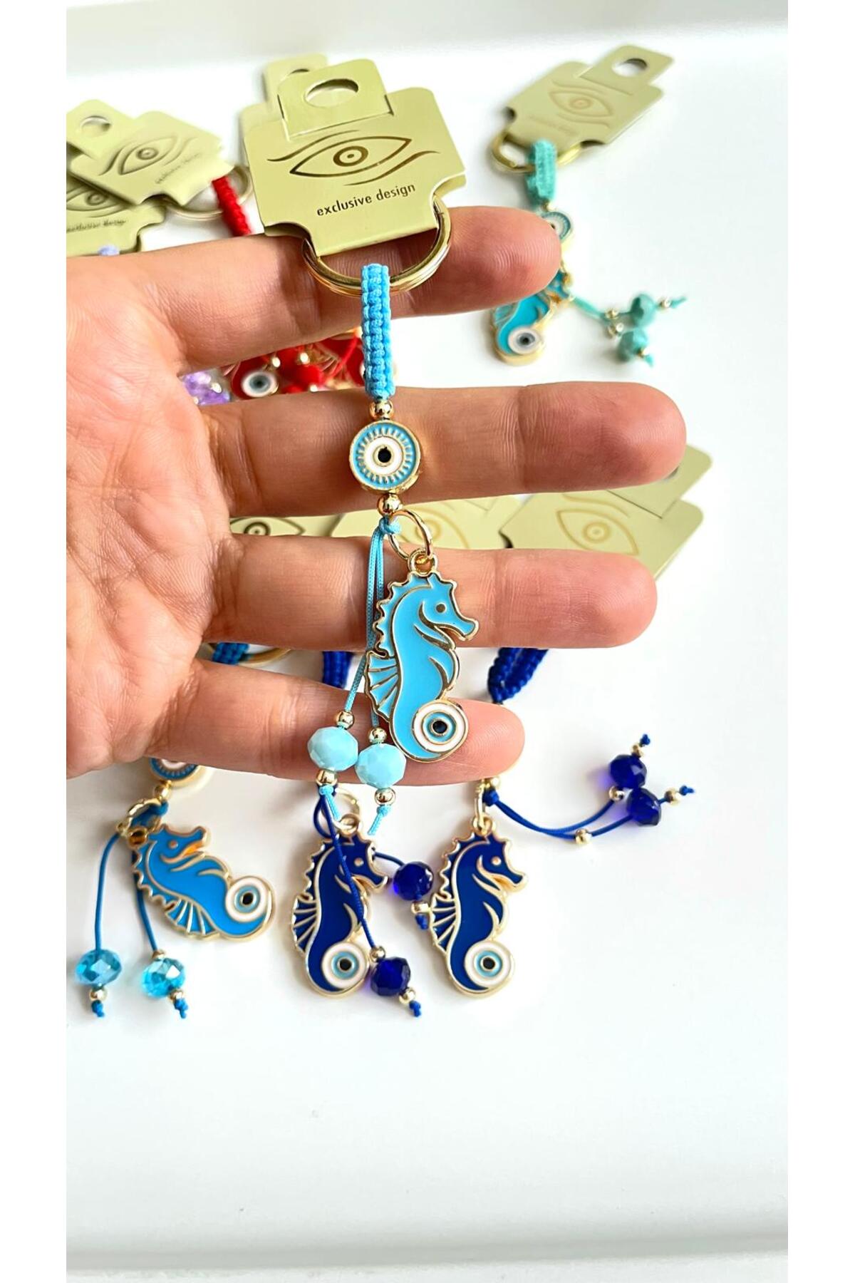 Ivy Gold-Plated Evil Eye Keychain - Light Blue Seahorse