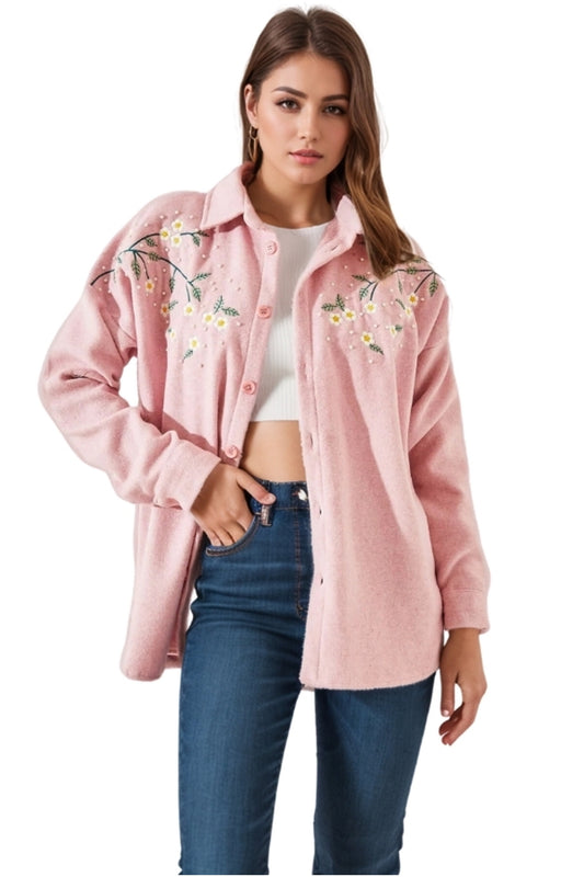 Lydia Women's Daisy Embroidered Shacket - Light Pink