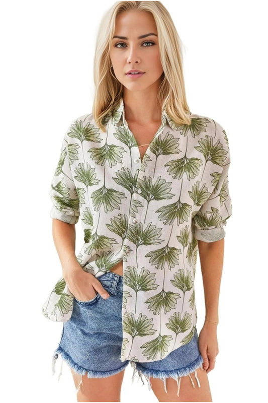 Emilia Women's Linen-Viscose Blend Oversized Printed Shirt - Green Ginkgo