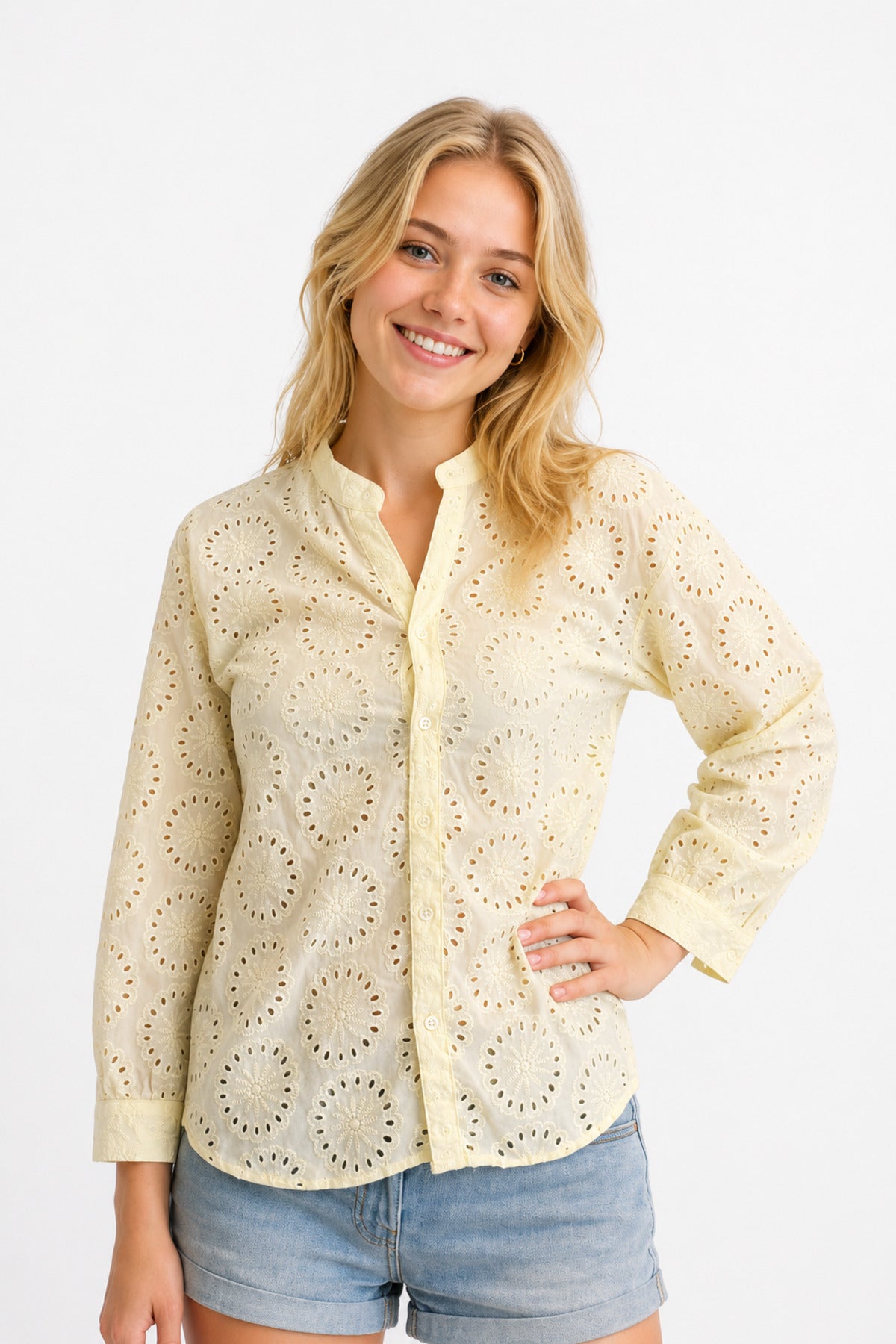 Isla Women's Cotton Embroidered Relaxed Fit Shirt - Light Yellow