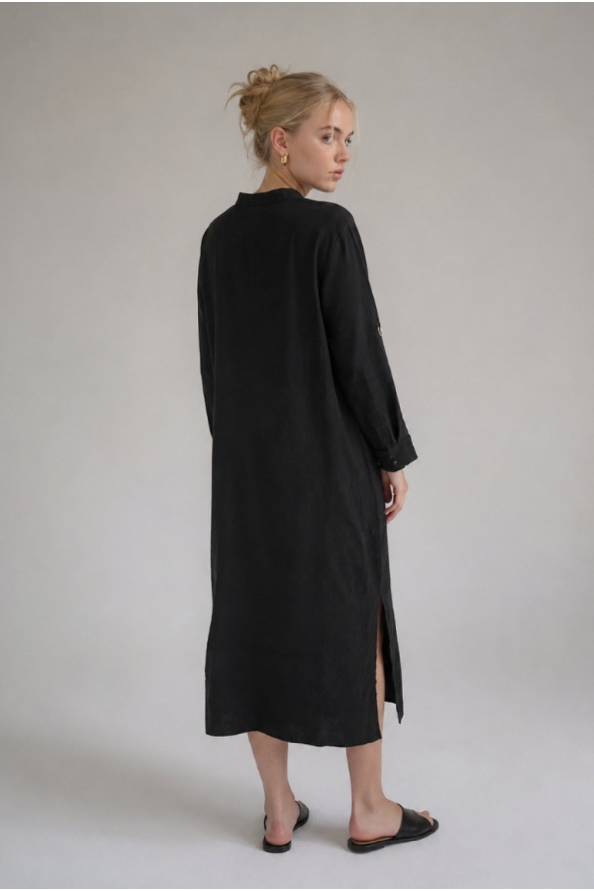 Hazel Women's Oversized Muslin Shirt Dress - Black Mandarin Collar