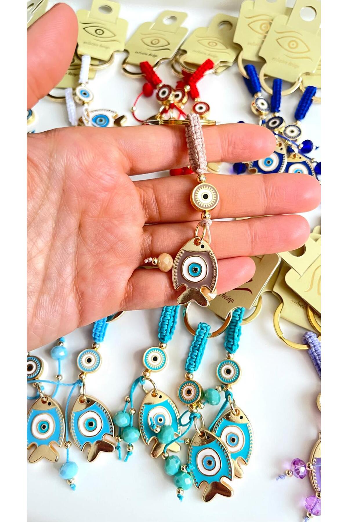 Ivy Gold-Plated Evil Eye Keychain - Beige Fish Design
