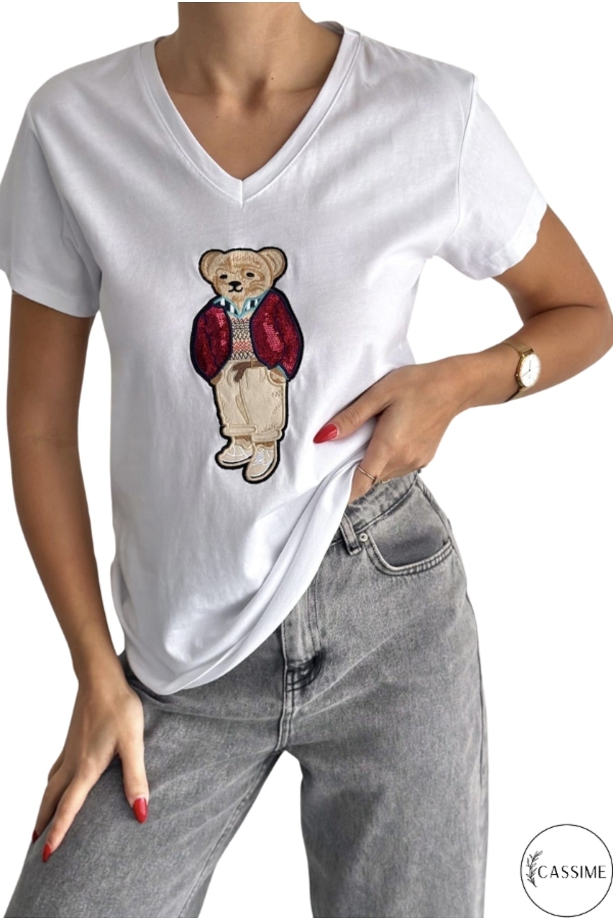 Olivia Women's Cotton Plus Size Embellished V-Neck T-Shirt - White Teddy Bear Print