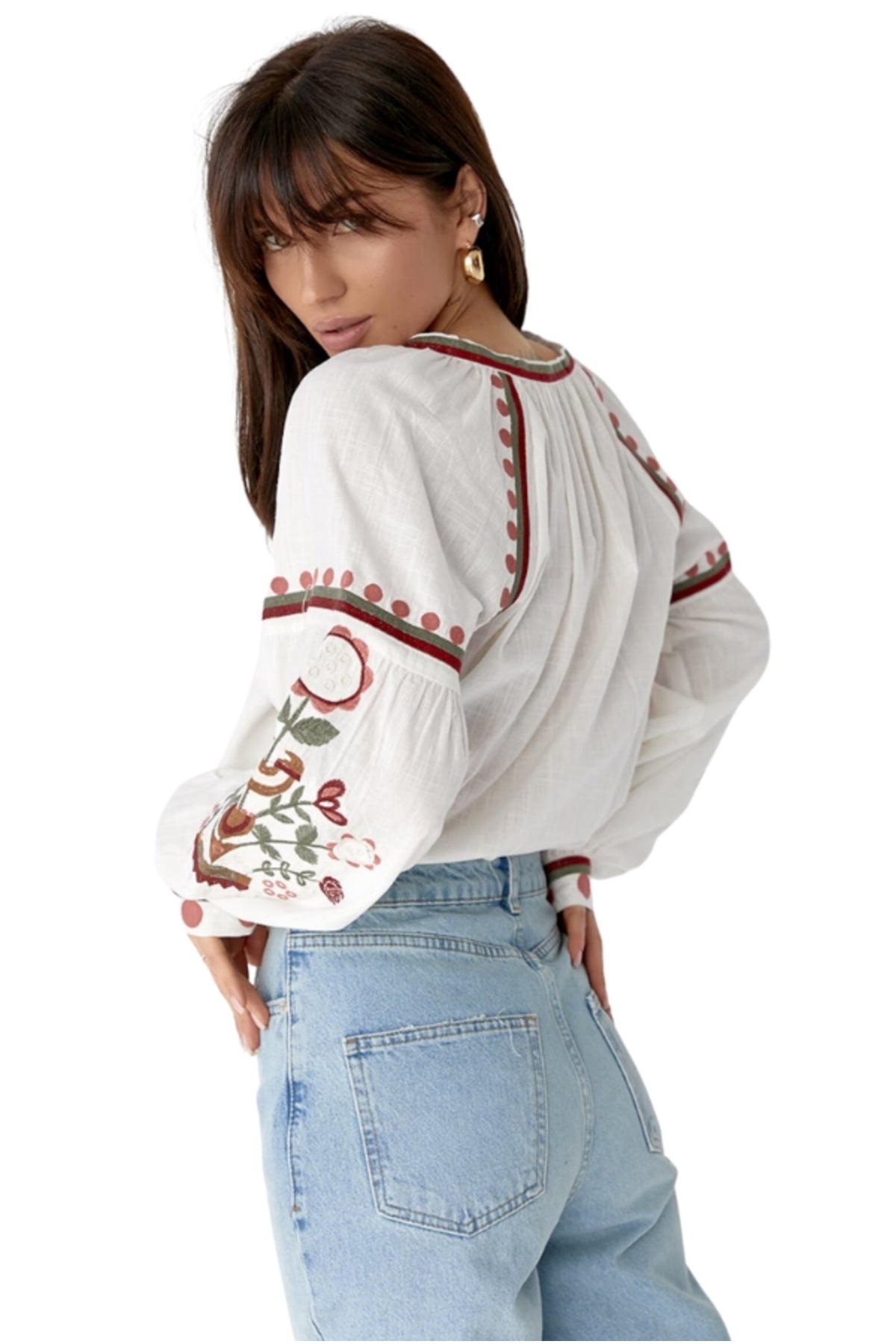 Sylvia Women's Cotton Floral Embroidered Blouse - Burgundy Floral