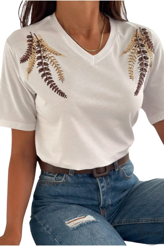 Olivia Women's Cotton Plus Size Embellished V-Neck T-Shirt - Copper Flower Sequin Embellishment