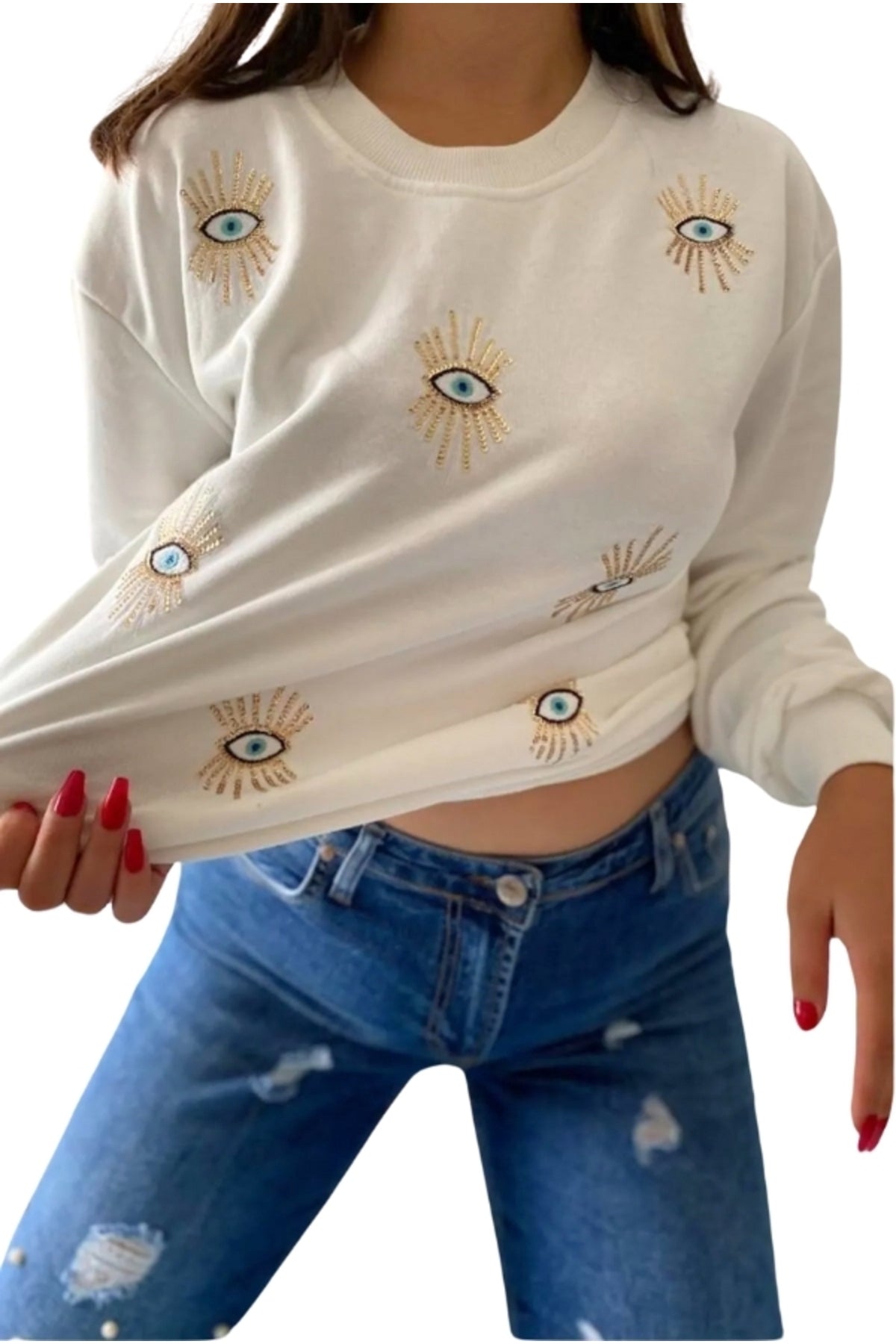 Ava Women's Cotton Embellished Evil Eye Sweatshirt - White Multi Evil Eye Design