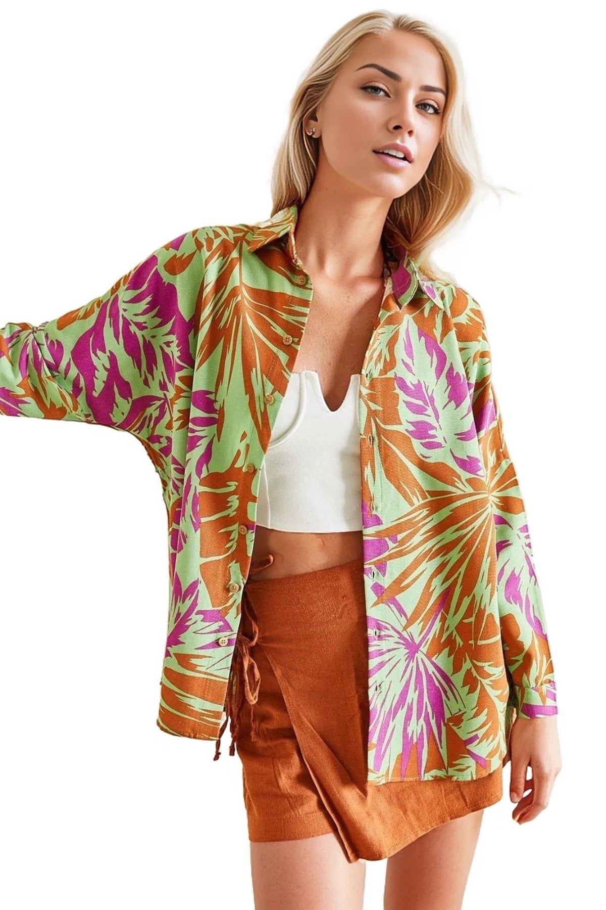 Emilia Women's Linen-Viscose Blend Oversized Printed Shirt - Green and Fuchsia Print