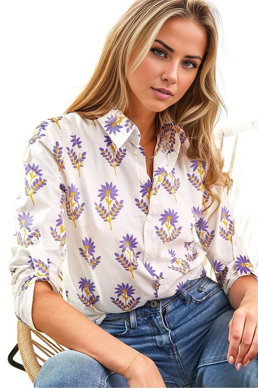 Amelia Women's Viscose Long Sleeve Button-Up Shirt - Purple Floral