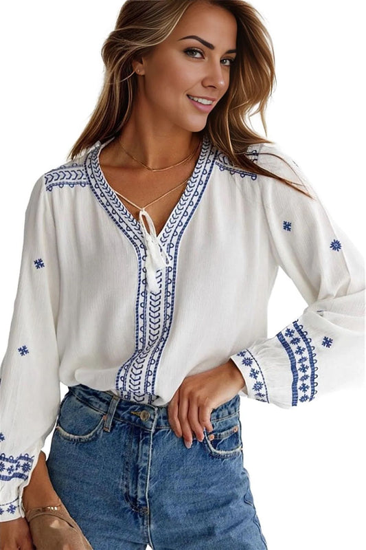Dorothy Women's V-Neck Tie-Front Embroidered Blouse - White