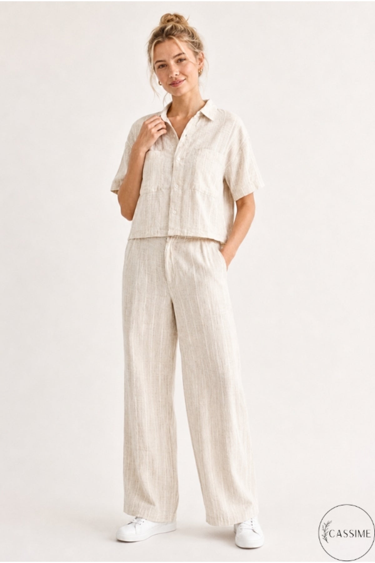 Daphne Women's Striped Shirt and Pants Set - Cream