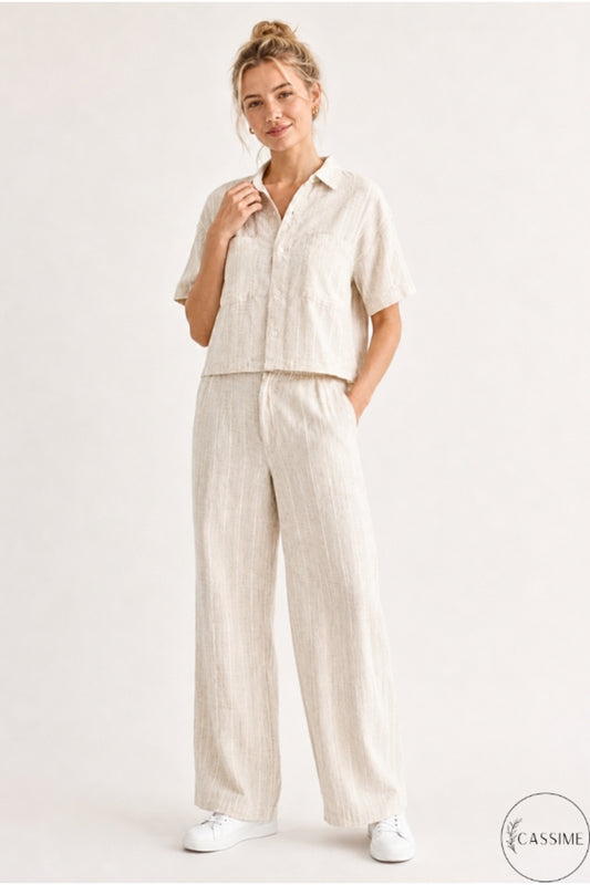 Daphne Women's Striped Shirt and Pants Set - Cream