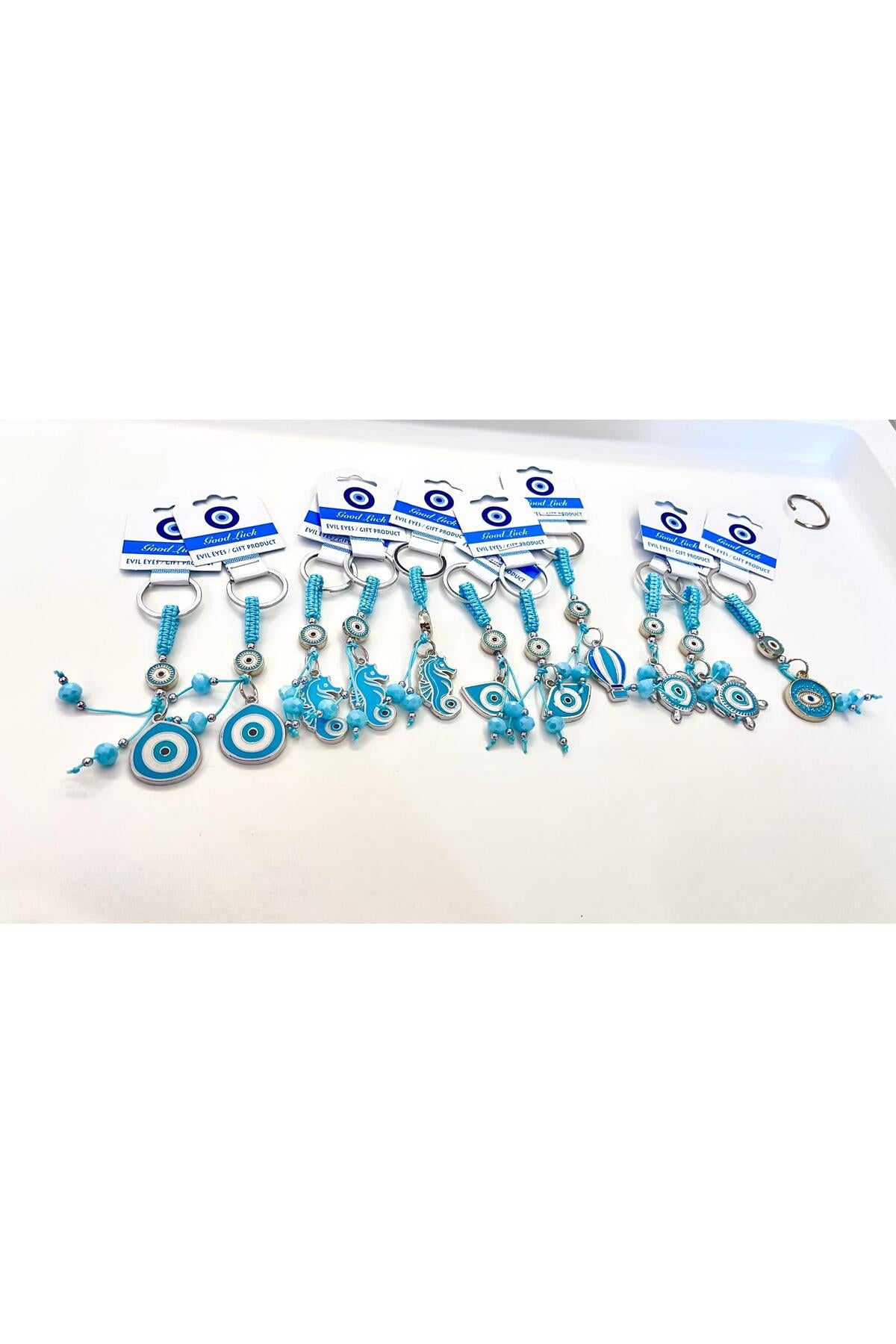 Abigail Silver-Plated Evil Eye Keychain - Light Blue Seahorse