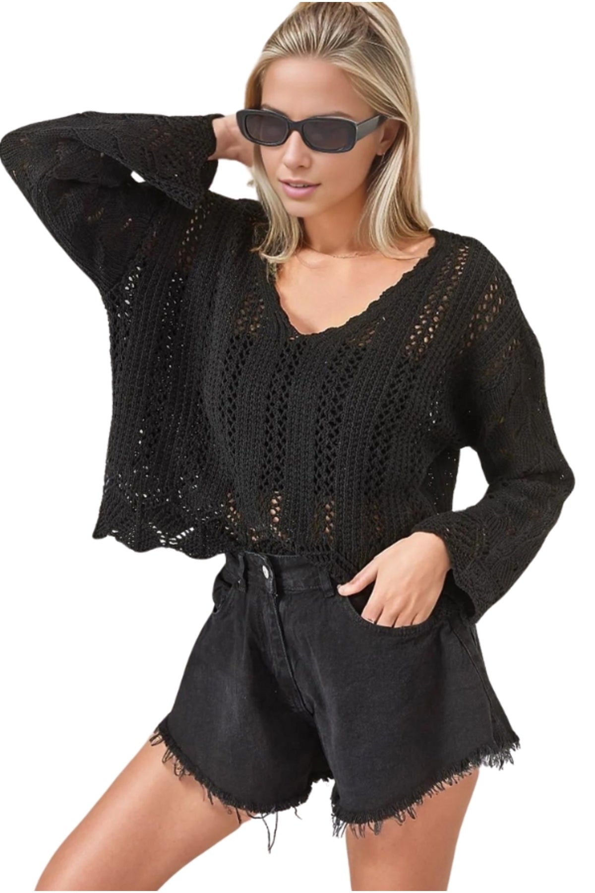 Helena Women's Openwork Knit Blouse - Black
