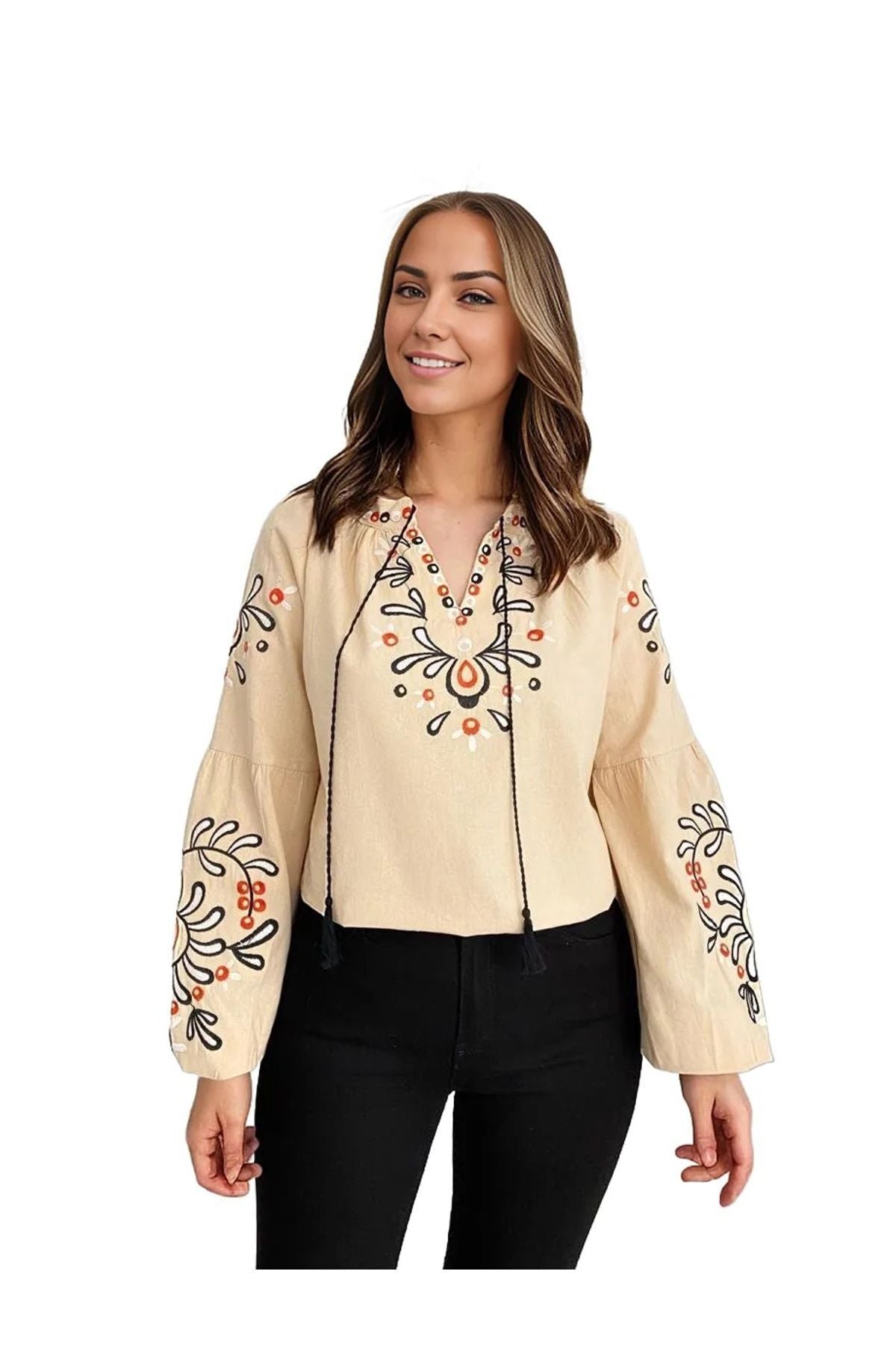 April Women's Embroidered Balloon Sleeve Tassel Blouse - Cream