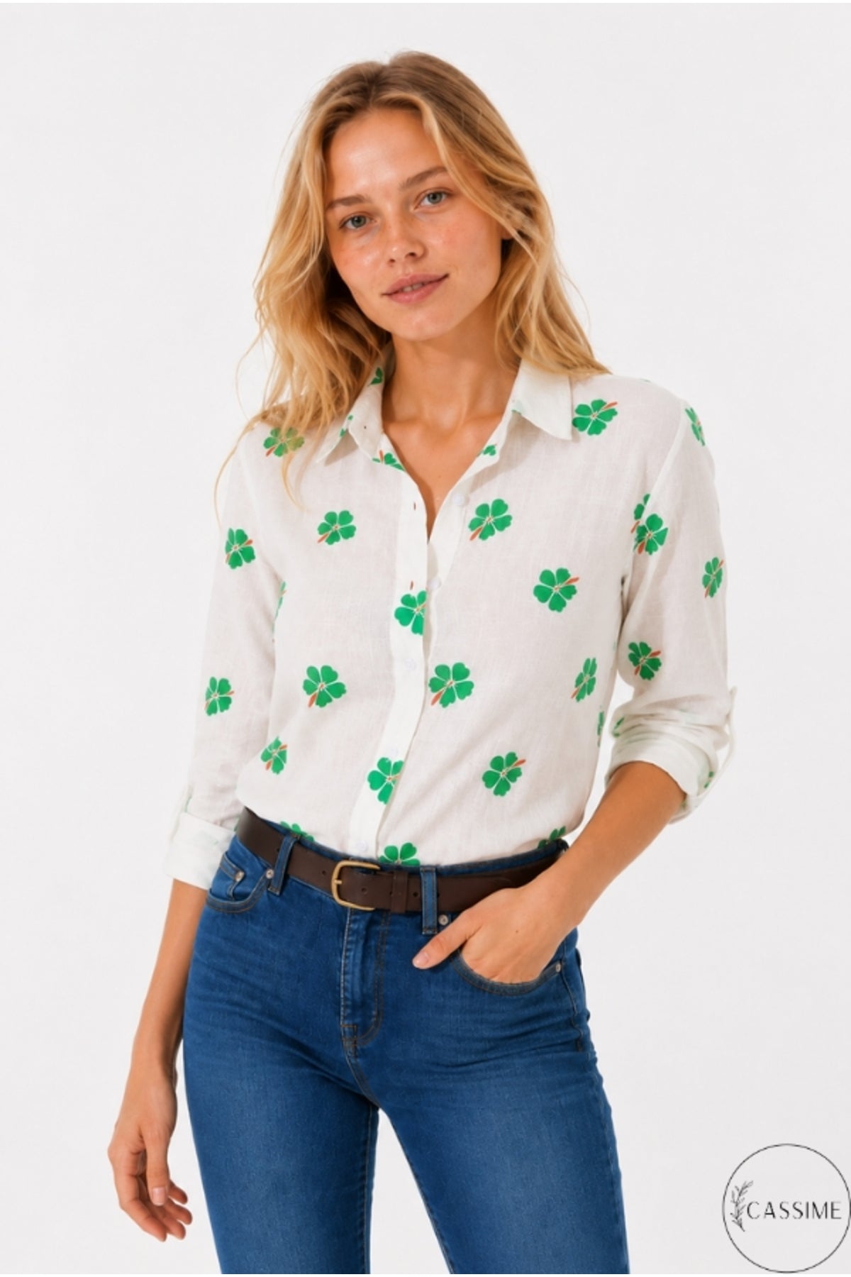 Robyn Women's Linen Blend Roll-Sleeve Button-Up Shirt - White with Green Clover Print