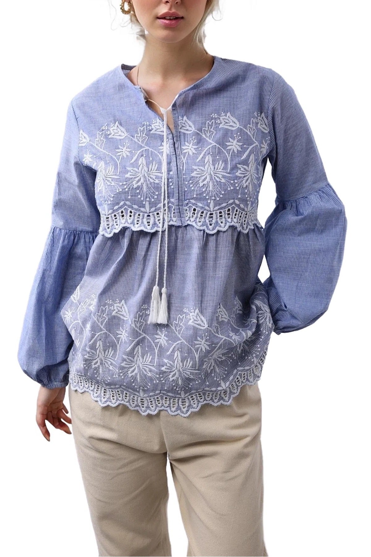 Deborah Women's Cotton Striped Embroidered Button-Up Blouse - Blue