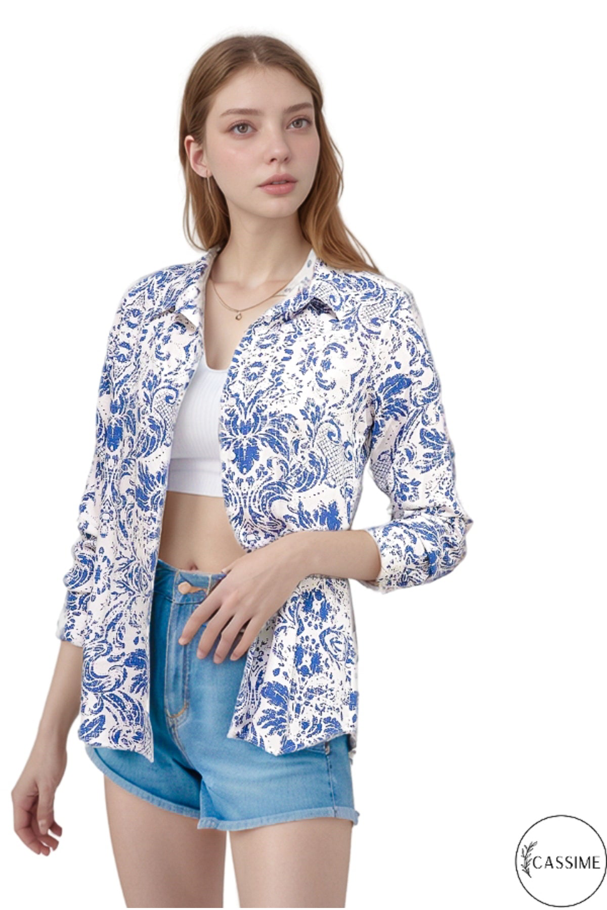 Eva Women's Viscose Graphic Print High-Low Shirt - Blue Graphic Print