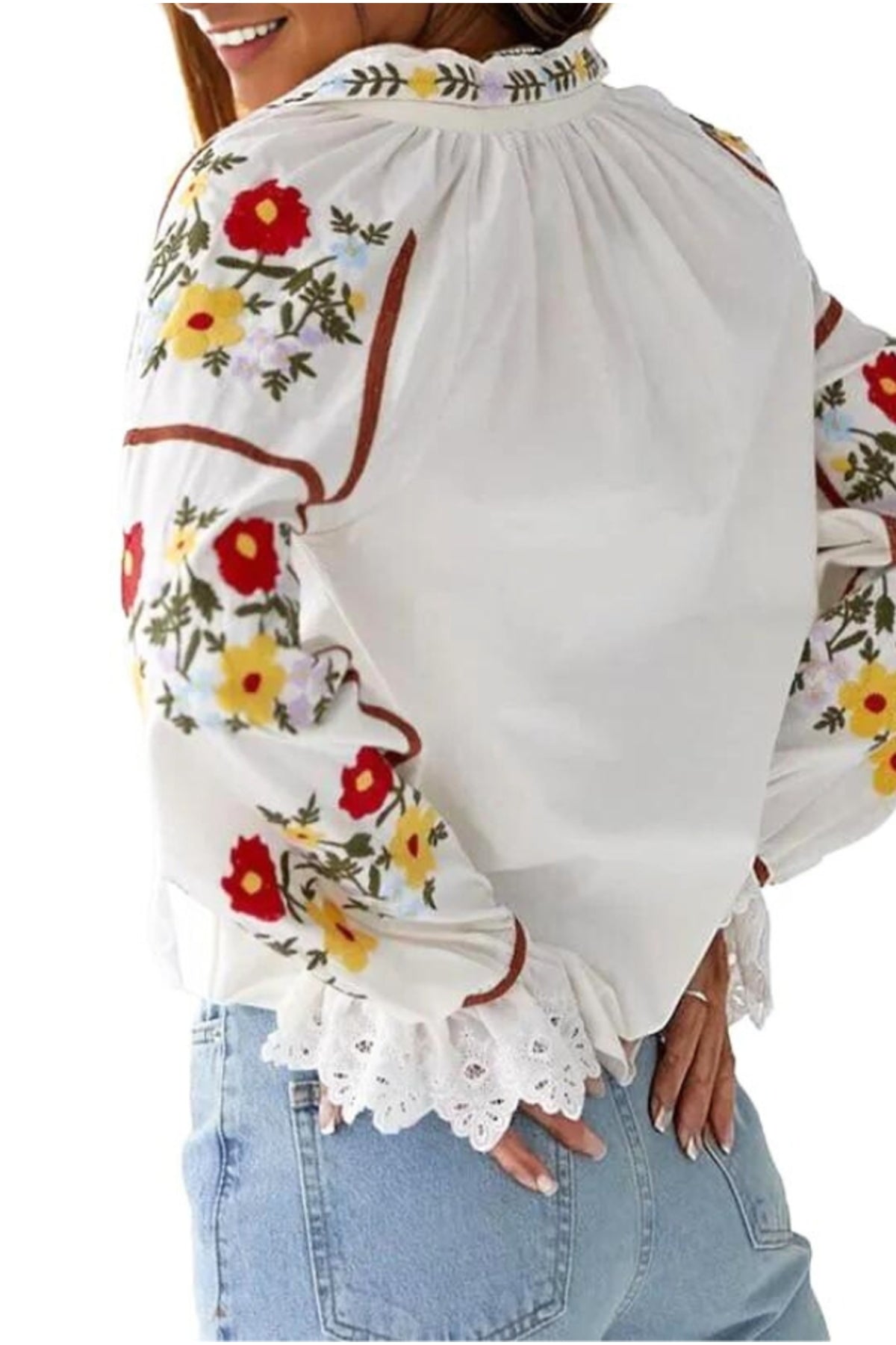 Addison Women's Cotton Vintage Inspired Floral Embroidered Blouse - White