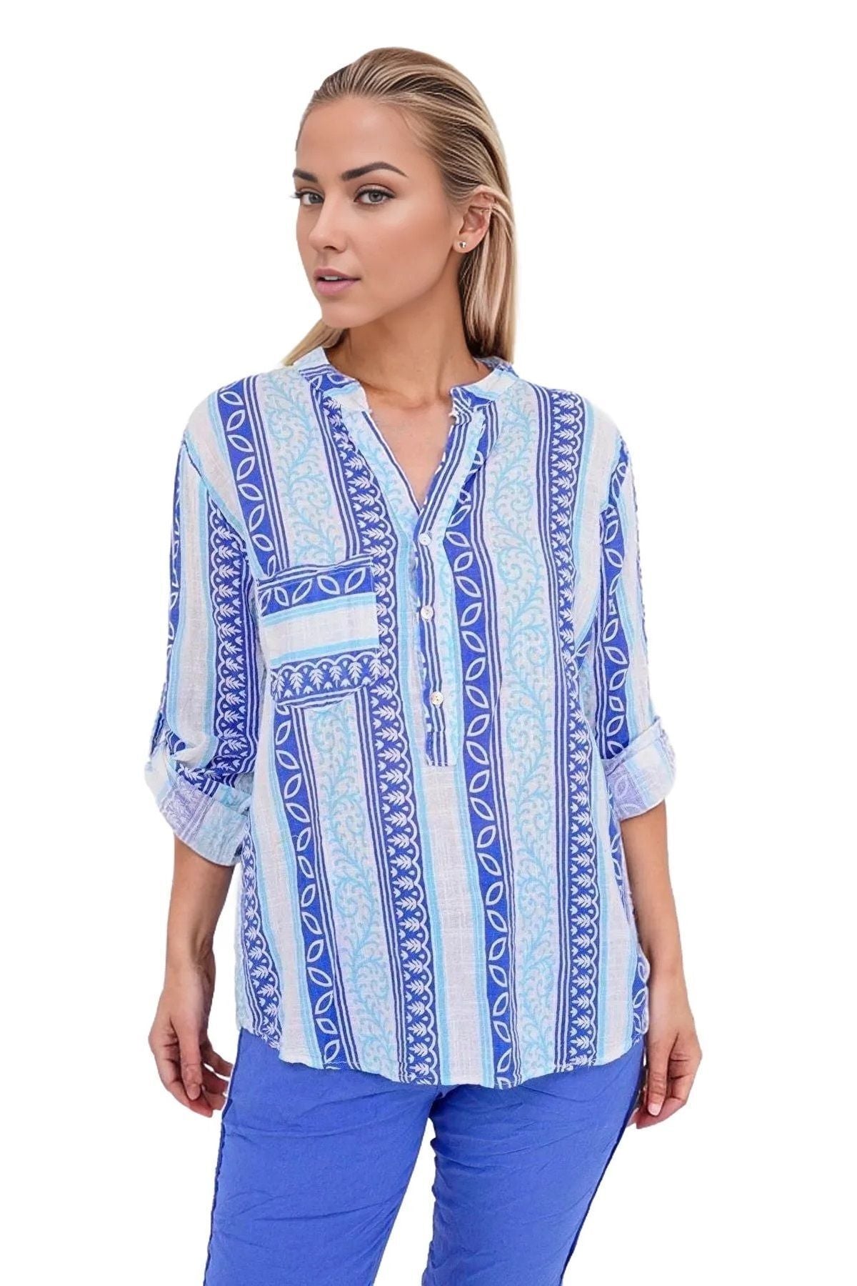 Elsie Women's Cotton-Linen Blend Boho Print Button-Up Shirt - Blue