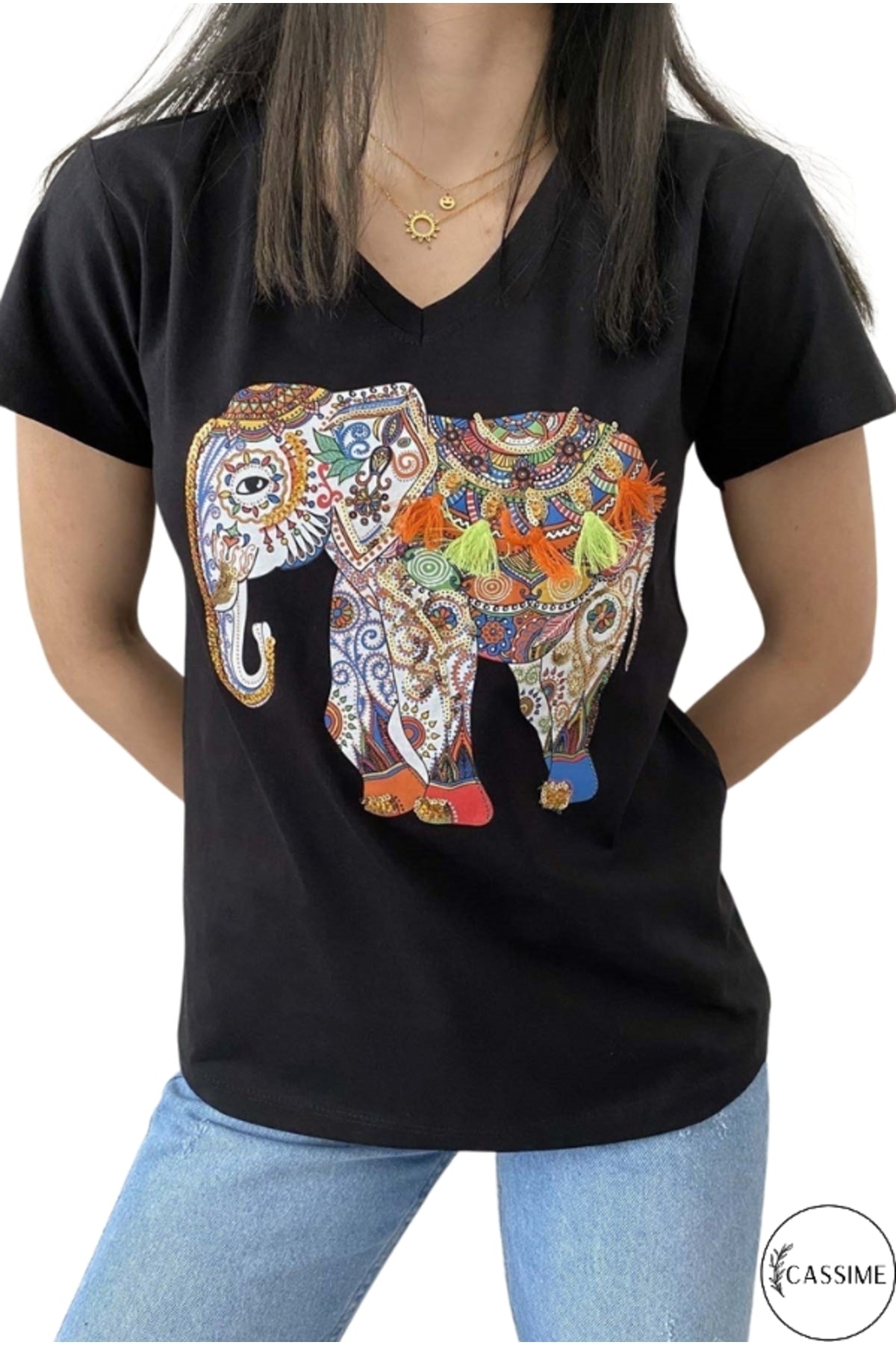 Sophie Women's Cotton Embellished V-Neck T-Shirt - Black with Multicolor Tassel Elephant
