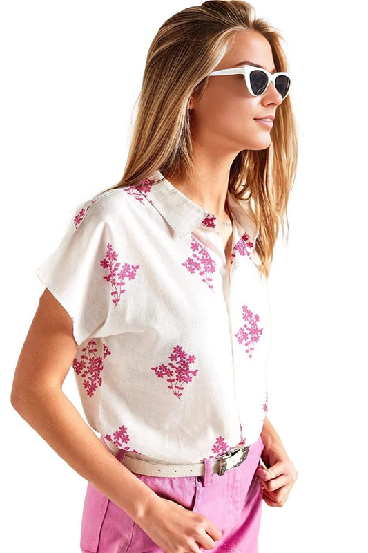 Elizabeth Women's Linen Short Sleeve Batwing Shirt - Pink Floral