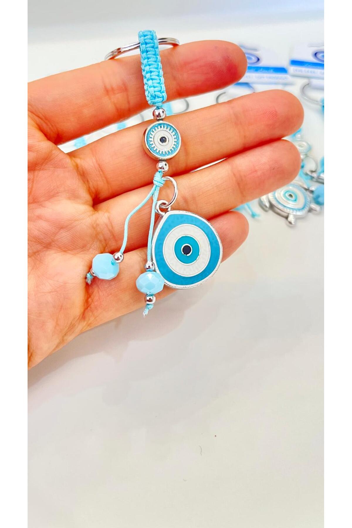 Abigail Silver-Plated Evil Eye Keychain - Light Blue Teardrop
