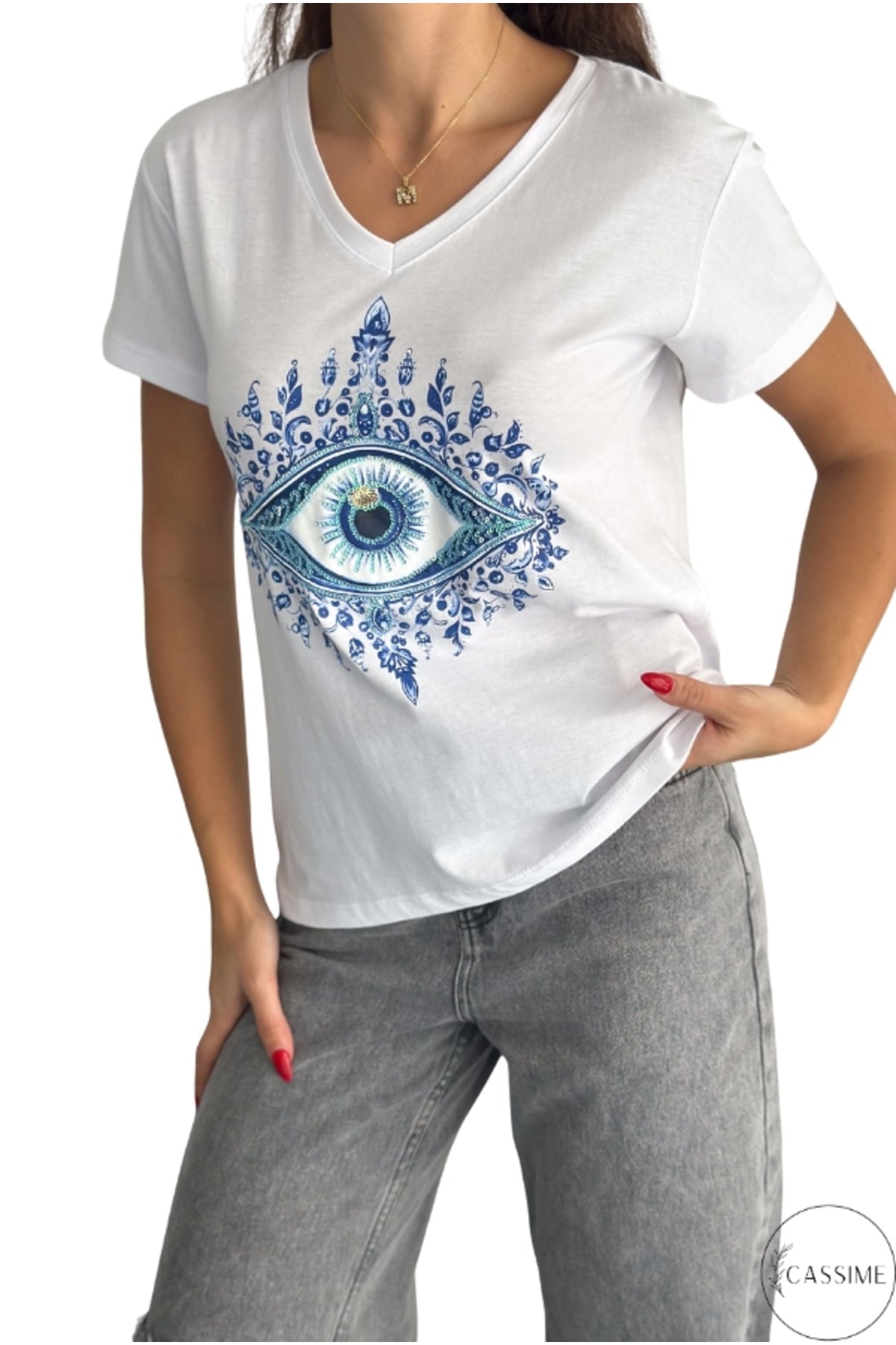 Olivia Women's Cotton Plus Size Embellished V-Neck T-Shirt - White with Blue Evil Eye Print