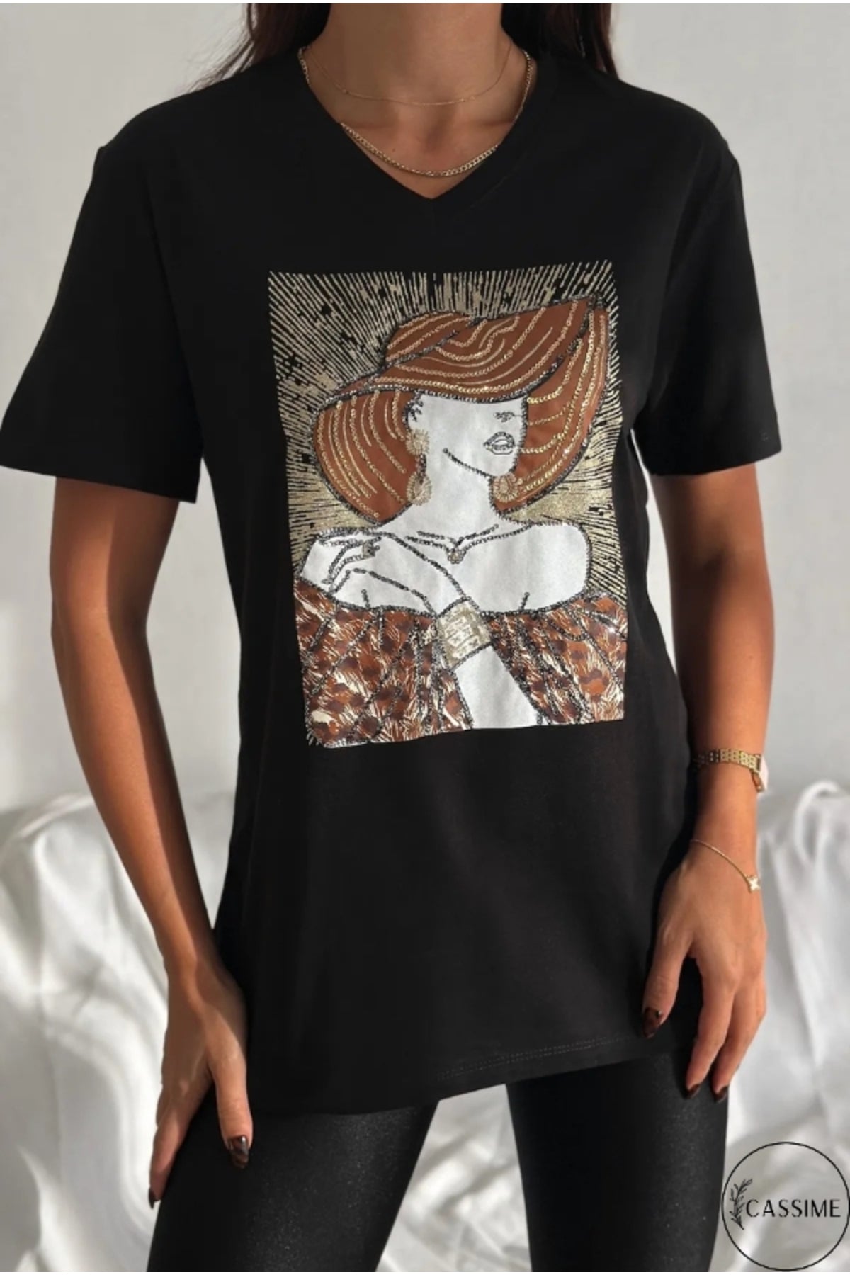 Olivia Women's Cotton Plus Size Embellished V-Neck T-Shirt - Black with Woman in Hat Sequins