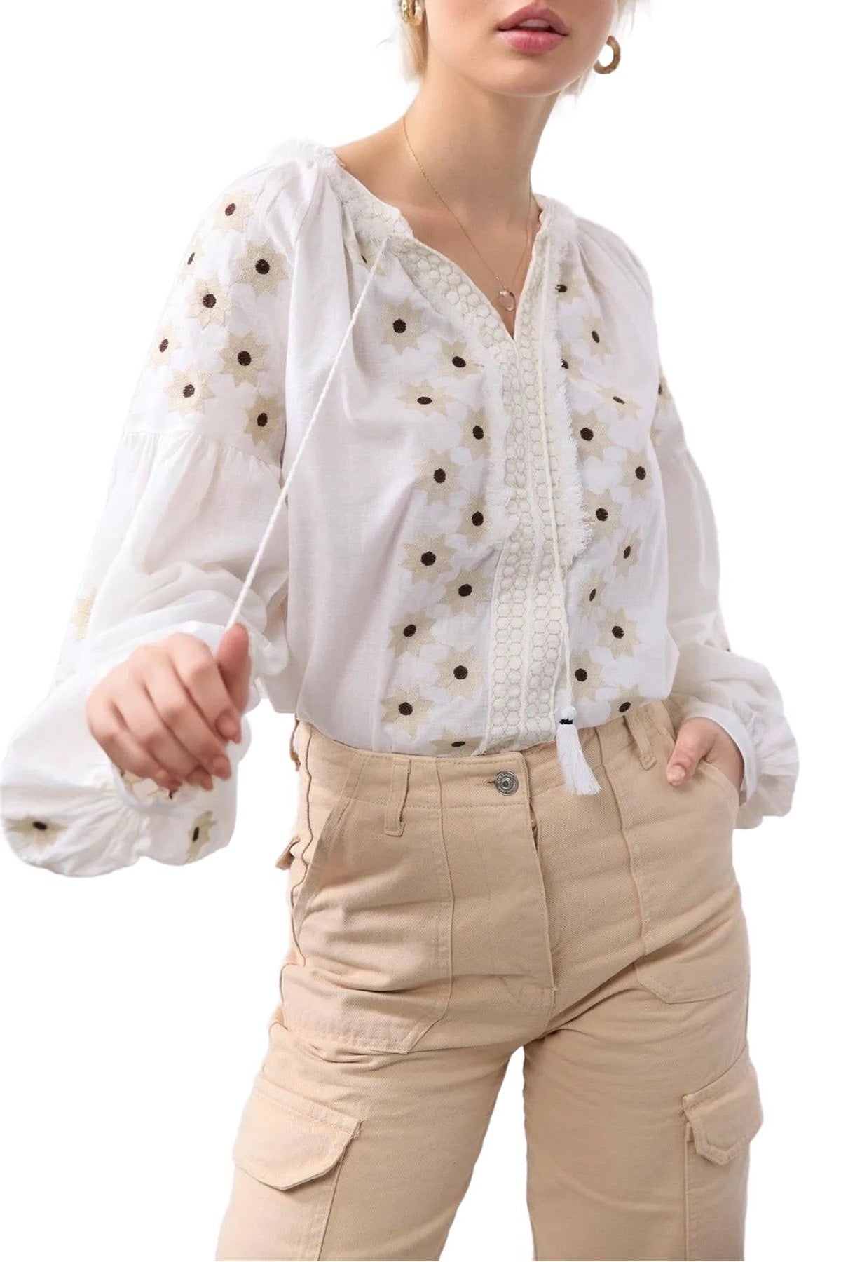 Penelope Women's Cotton Vintage Inspired Embroidered Blouse - White Star