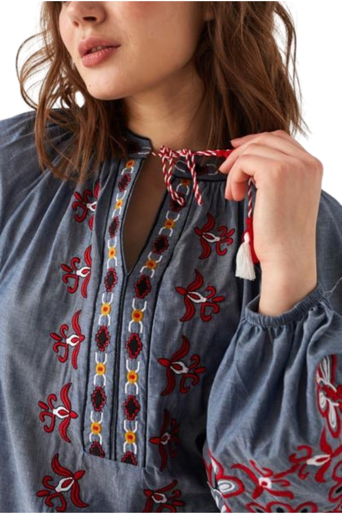 Penelope Women's Cotton Vintage Inspired Embroidered Blouse - Gray