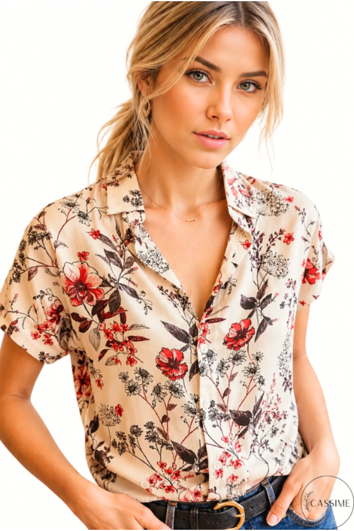 Charlotte Women's Short Sleeve Batwing Shirt - Red Floral
