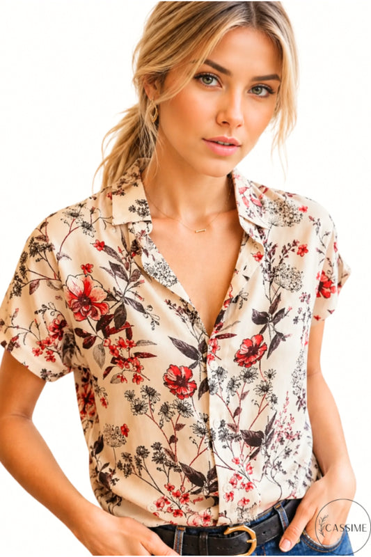 Charlotte Women's Short Sleeve Batwing Shirt - Red Floral