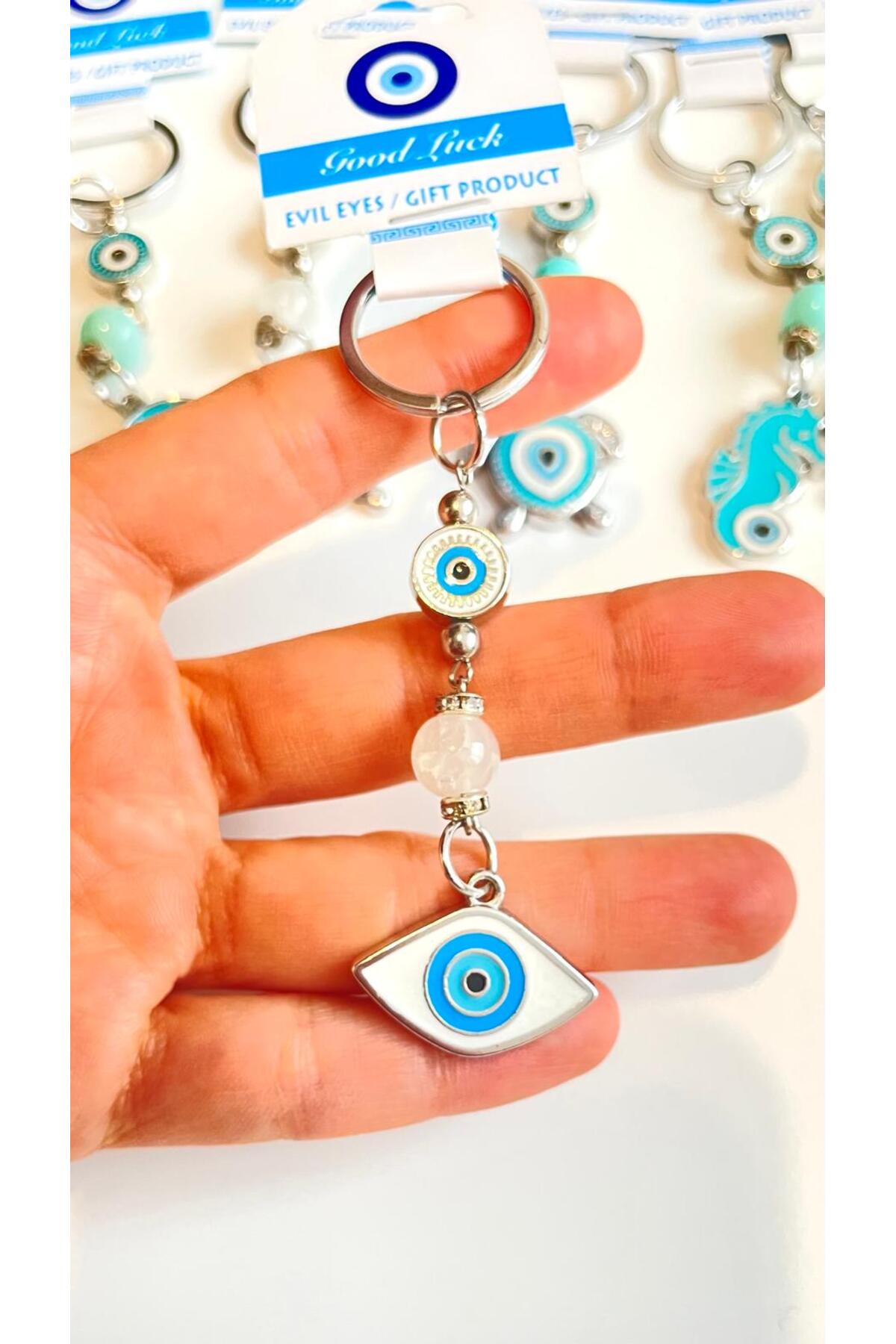 Abigail Silver-Plated Evil Eye Keychain - White Oval Evil Eye Metal