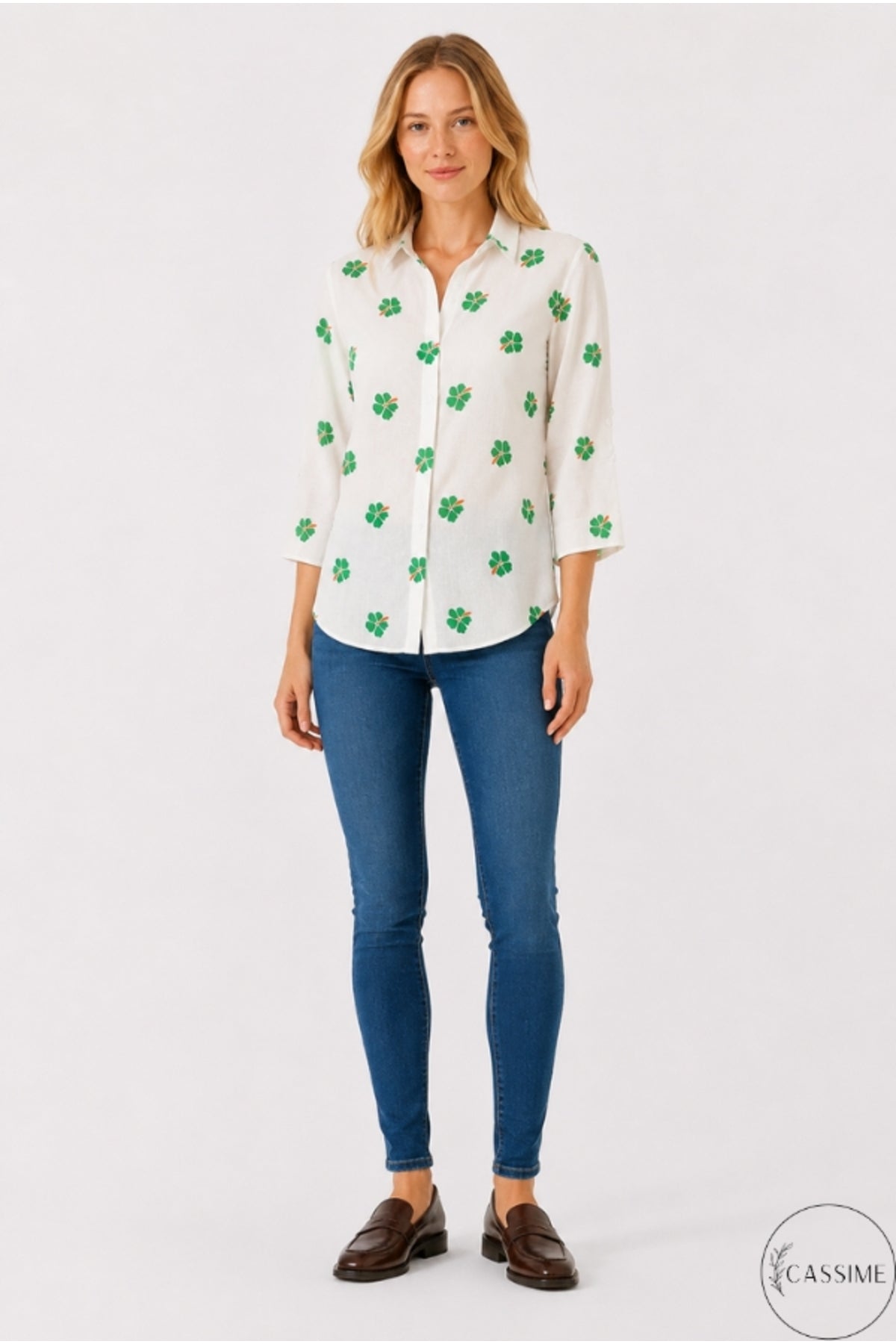 Robyn Women's Linen Blend Roll-Sleeve Button-Up Shirt - White with Green Clover Print