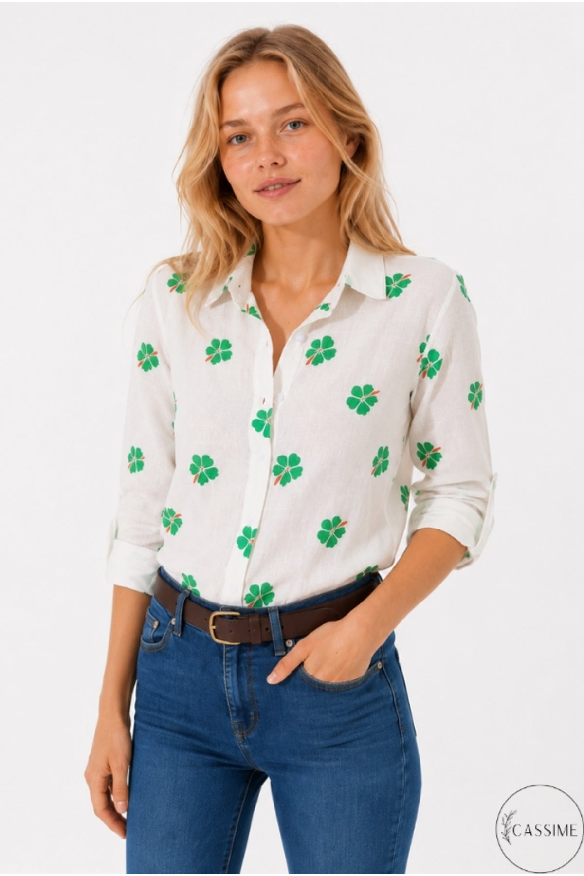 Robyn Women's Linen Blend Roll-Sleeve Button-Up Shirt - White with Green Clover Print