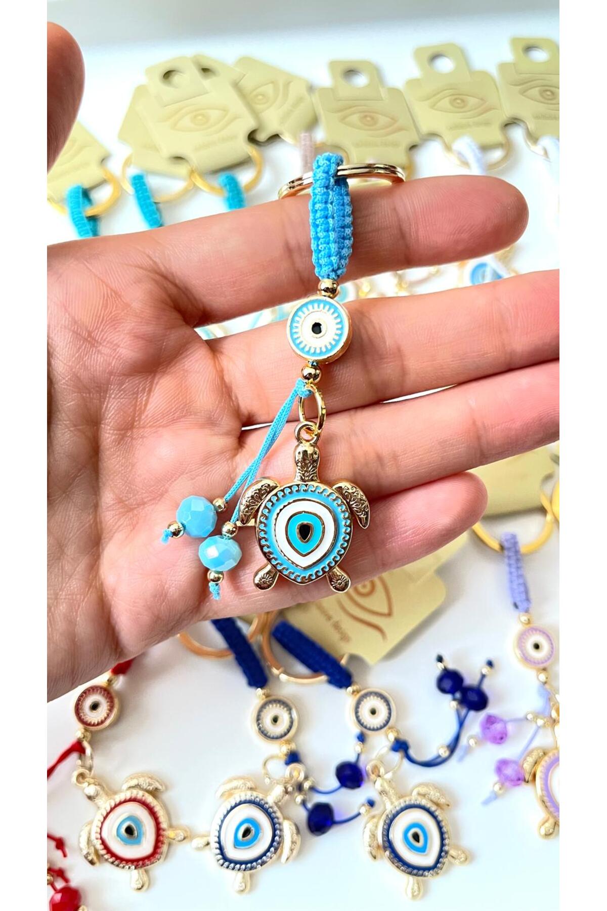 Ivy Gold-Plated Evil Eye Keychain - Light Blue Turtle Design