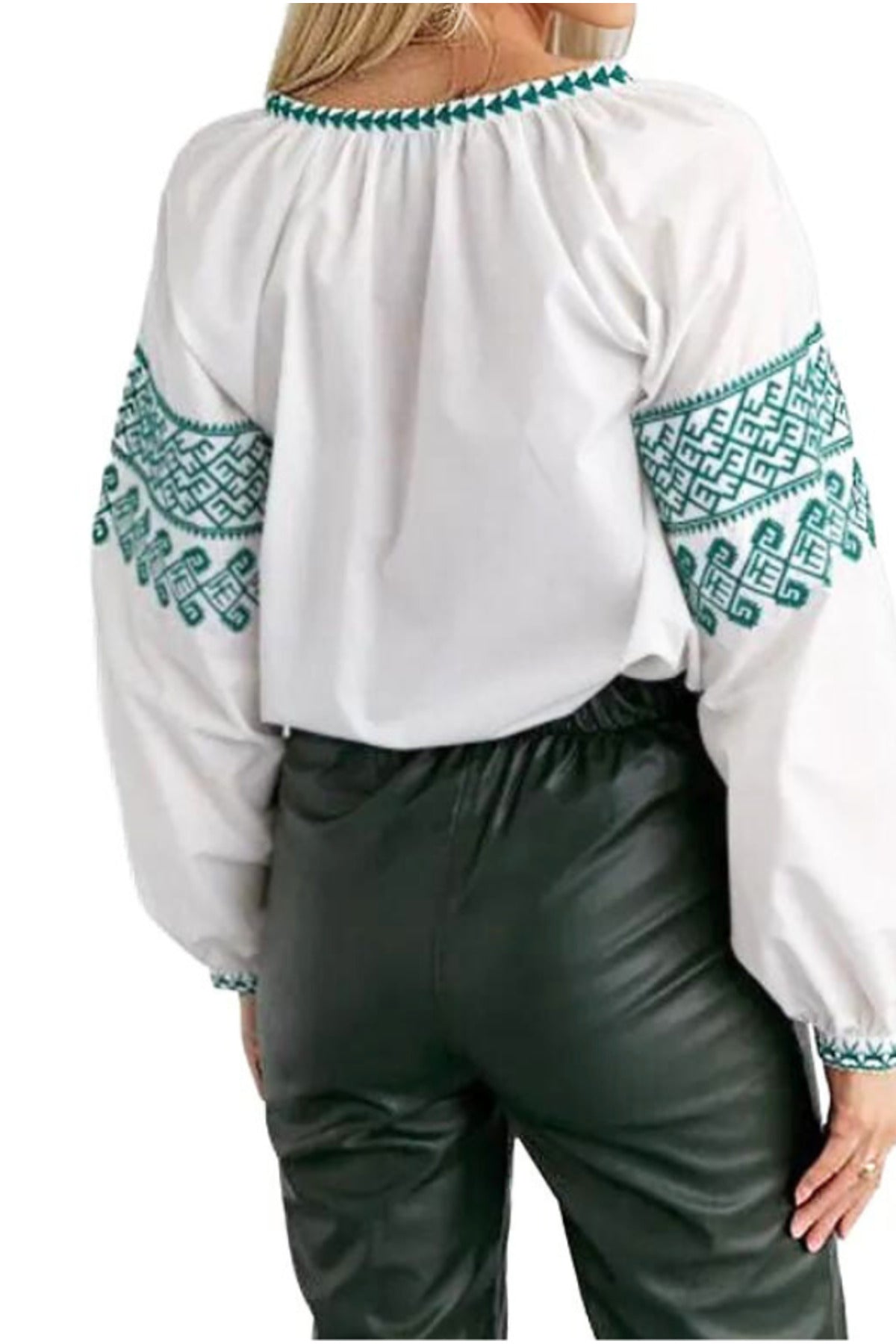 Zoe Women's Boho Embroidered Poplin Blouse - White with Green Embroidery