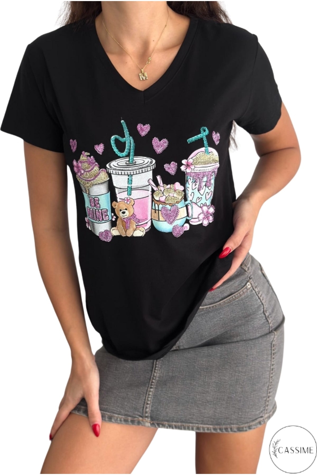 Olivia Women's Cotton Plus Size Embellished V-Neck T-Shirt - Black Teddy Bear and Heart Print
