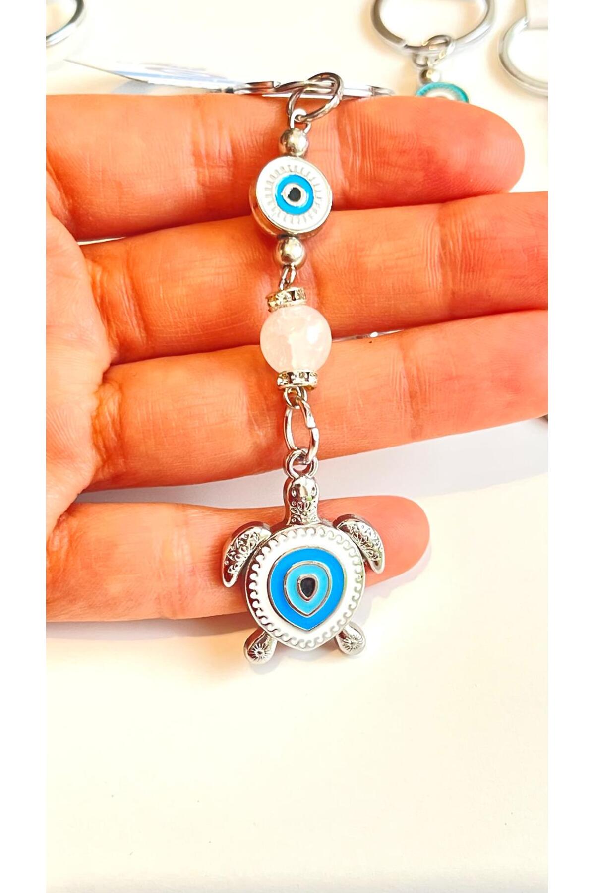 Abigail Silver-Plated Evil Eye Keychain - White Metal Turtle