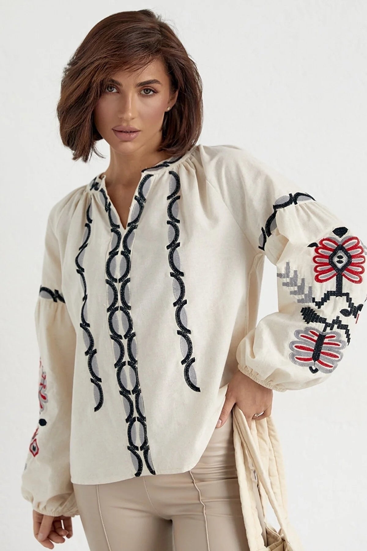 Rosa Women's Cotton Embroidered Long Sleeve Tie Blouse - Cream
