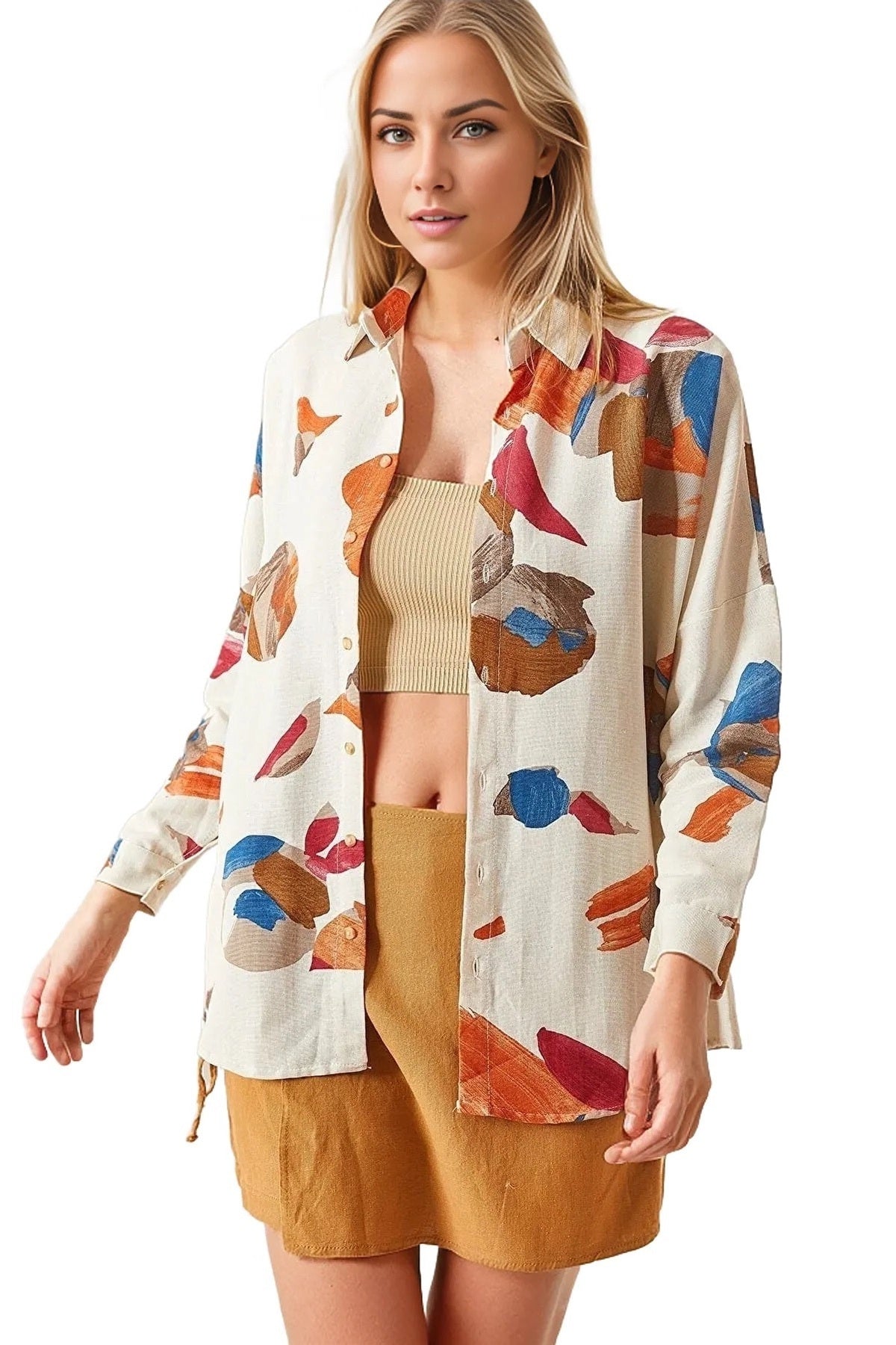Emilia Women's Linen Oversized Printed Shirt - Watercolor Print