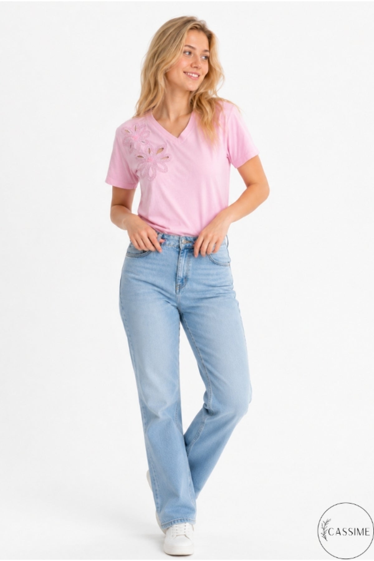 Emma Women's Cotton Embellished T-Shirt - Pink Floral Embroidery V-Neck