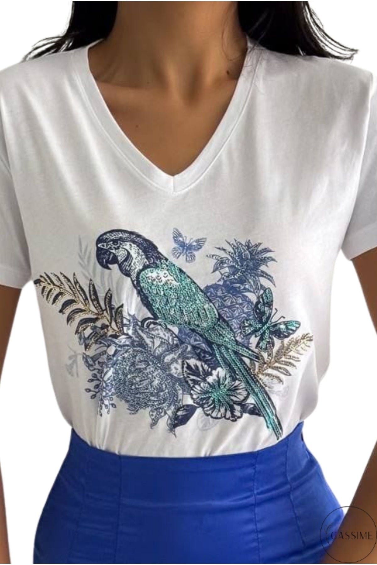 Sophie Women's Cotton Embellished V-Neck T-Shirt - White with Blue Parrot Print