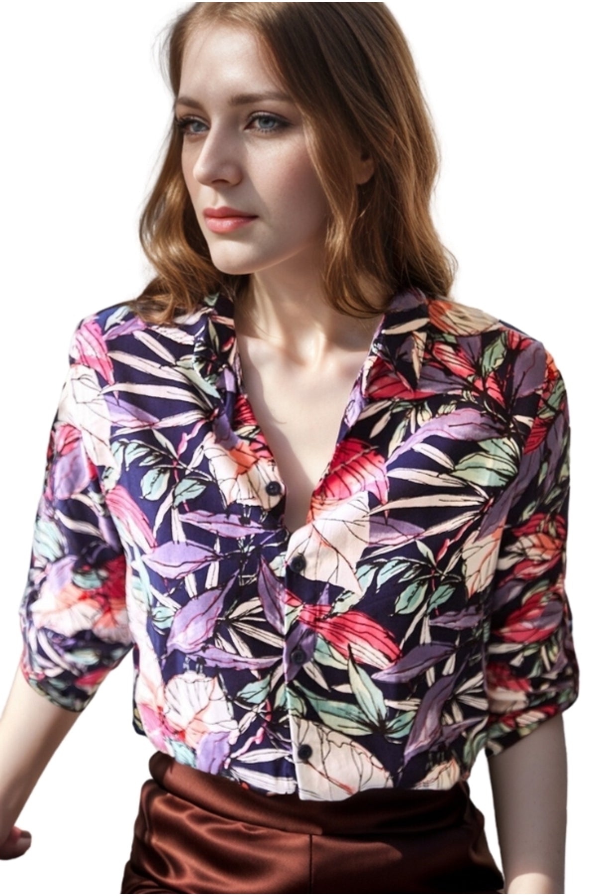 Amelia Women's Viscose Long Sleeve Button-Up Shirt - Purple Leaf Print