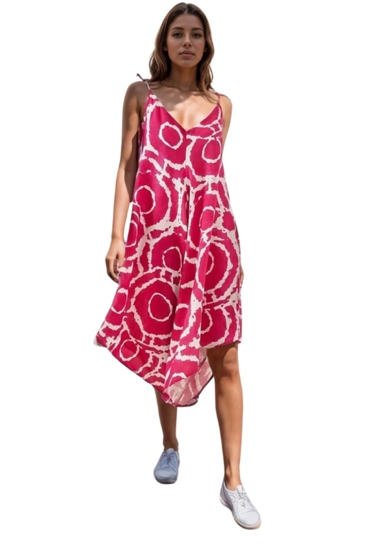 Eliza Women's Linen-Viscose Blend Relaxed Spaghetti Strap Jumpsuit - Pink Round Print